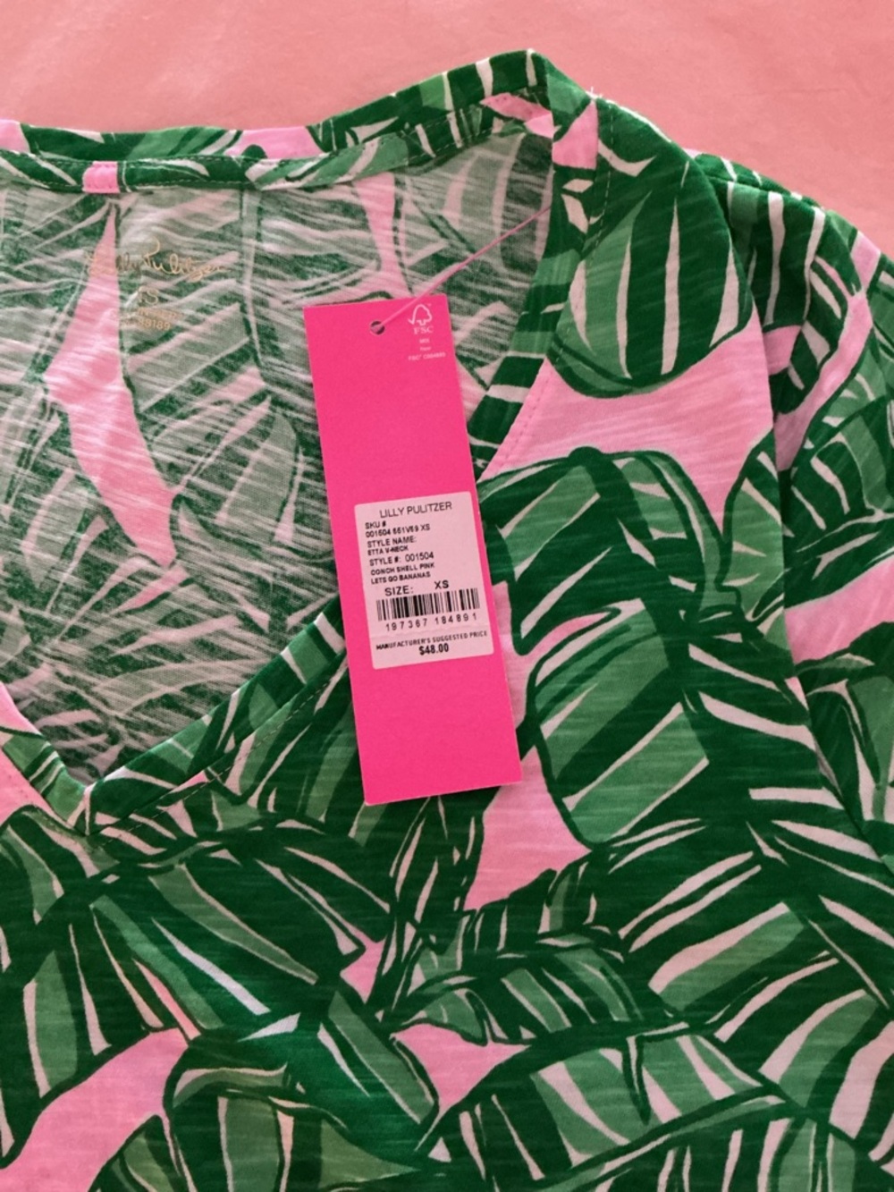 Lilly Pulitzer Etta t shirt let’s go bananas Banana Leaf Print Tee on Pink XS - Picture 3 of 4